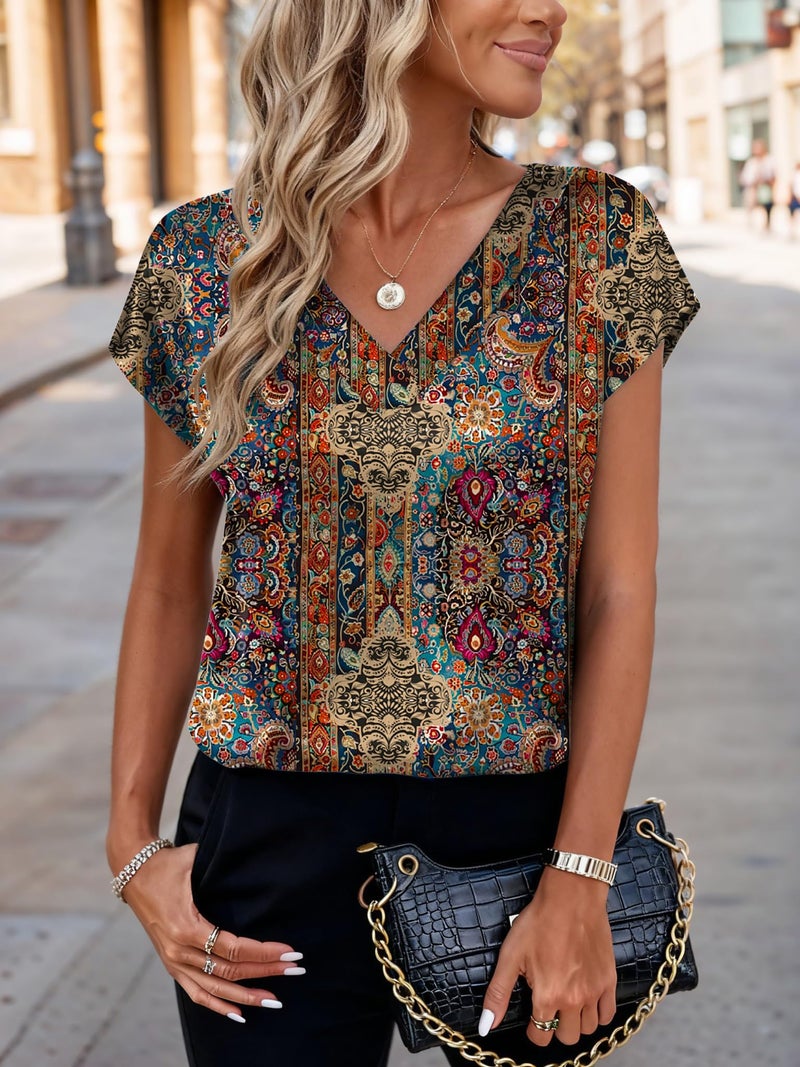 Zeagoo Womens Silk Shirts 2026 Short Sleeve Boho Tops Loose Fit V Neck Casual Trendy Tshirt Summer Satin Clothes - Image 2