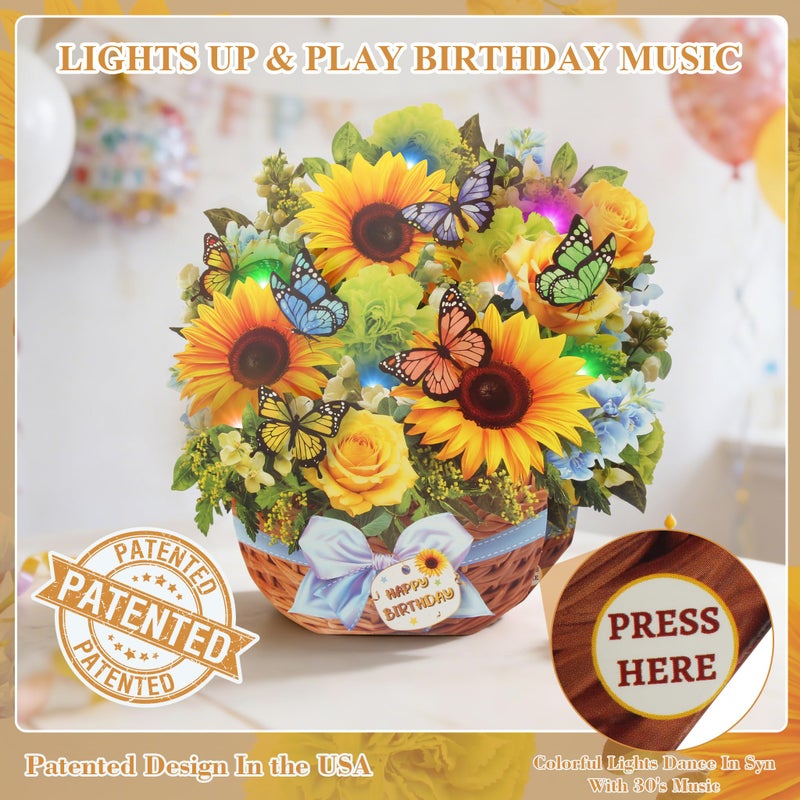 XTF2015 Pop Up Birthday Card, Happy Birthday Cards with MUSIC & LIGHTS, Butterfly & Sunflower with Envelope, 3D Musical Greeting Cards for Woman, Men, Kids - Image 2