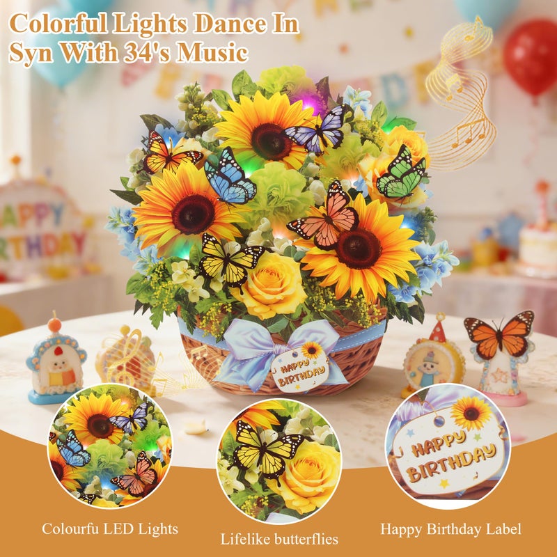 XTF2015 Pop Up Birthday Card, Happy Birthday Cards with MUSIC & LIGHTS, Butterfly & Sunflower with Envelope, 3D Musical Greeting Cards for Woman, Men, Kids - Image 3