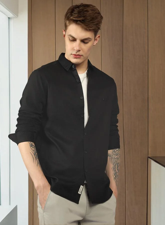 Dennis Lingo Men's Slim Fit Black Casual Cotton Spread Shirt