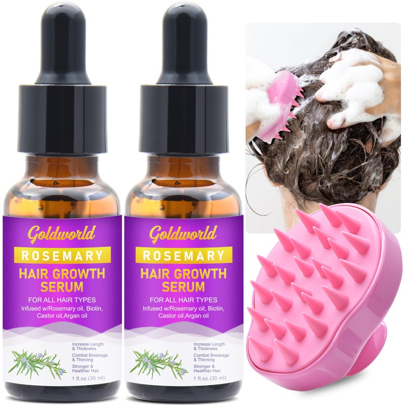 GOLDWORLD Rosemary Oil for Hair Growth,2 Pack Growth Serum Products w/Scalp Massager Castor Biotin Argan Thinning Dry Damaged Ingrown Regrowth Loss Treatment Women Men - Image 1