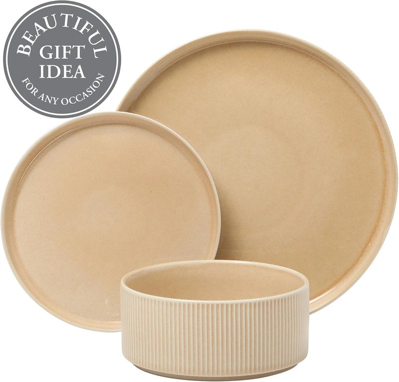 Gibson Elite Solana Coast 12 Piece Stoneware Reactive Glaze Service for 4 Ceramic Plates and Bowls Modern Shape Embossed Dinnerware Set  Terracotta Orange - Image 4