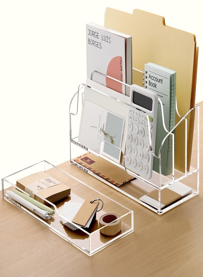 YUXUN Acrylic Mail Organizer for Desk - Transparent 3-Compartment Letter Sorter with Drawer, Clear Desktop File Holder for Office, Home, Classroom - Image 2