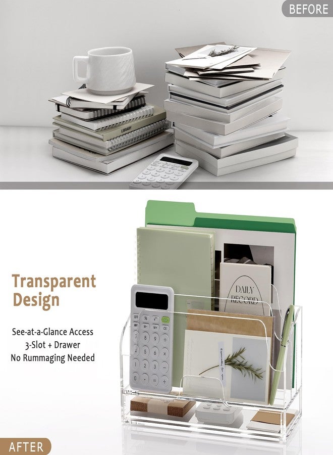 YUXUN Acrylic Mail Organizer for Desk - Transparent 3-Compartment Letter Sorter with Drawer, Clear Desktop File Holder for Office, Home, Classroom - Image 5