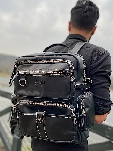 ADYAN Vintage Full Grain Leather 14Inch Laptop Backpack for Men with Adjustable Shoulder Strap Metal Zip Closure Work Bag Black - Image 3
