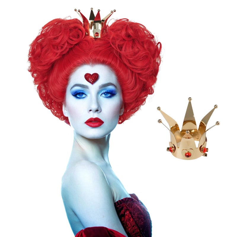 Probeauty Red Curly Wigs with Crown Synthetic Hair Anime Queen Wig Red Hearts Halloween Cosplay Wig Wig Cap