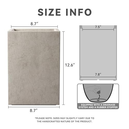Kante 12.6" H Tall Rectangular Concrete Planters, Outdoor Indoor Lightweight Plant Pots with Drainage Hole and Rubber Plug, Modern Style for Home Garden Patio, Weathered Concrete - Image 2