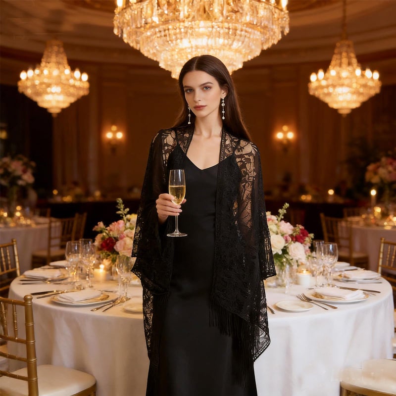 vimate Black Lace Shawl-Summer Women'S Floral Lightweight Lace Shawls And Wraps Headscarf for Evening Dresses(Style 1-Black) - Image 2