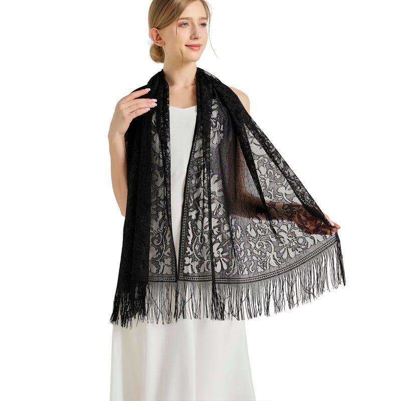 vimate Black Lace Shawl-Summer Women'S Floral Lightweight Lace Shawls And Wraps Headscarf for Evening Dresses(Style 1-Black) - Image 4