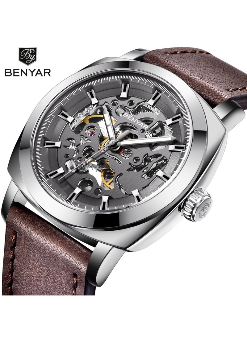 BENYAR Watches for Men Luxury Leather Luminous Water Resistant Automatic Mechanical Wristwatch 5121 Brown  - Image 1