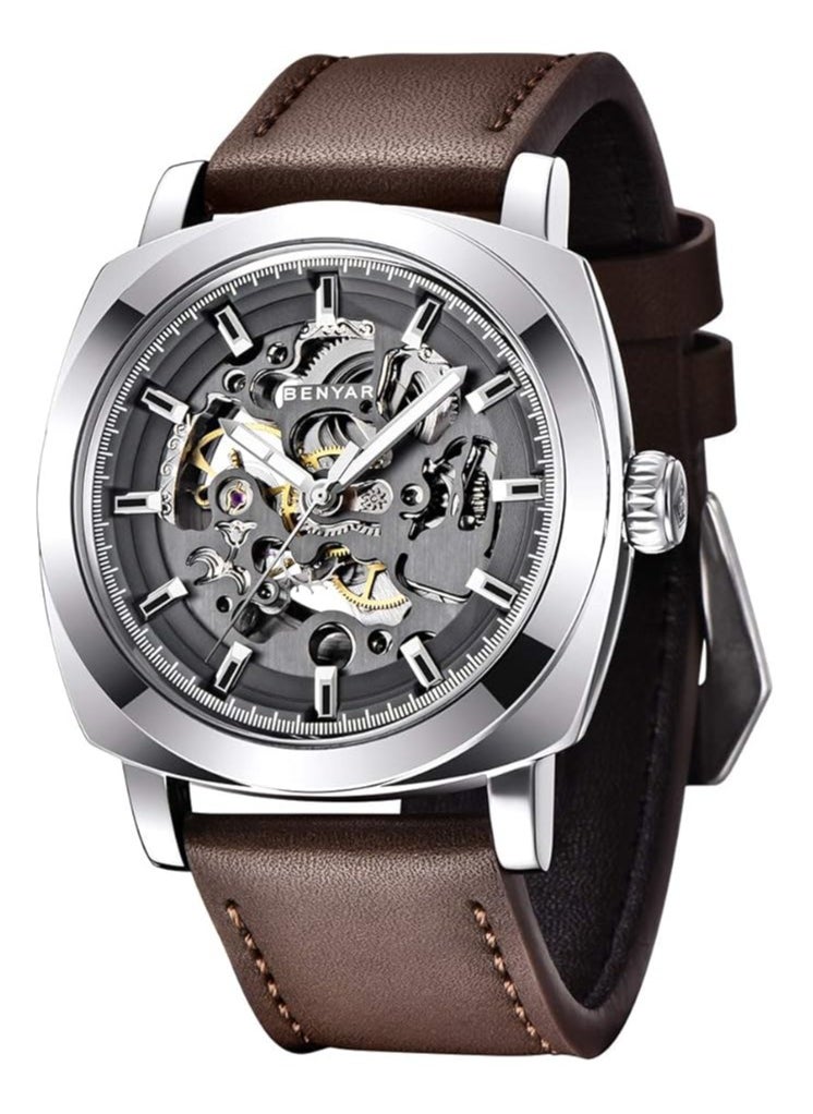 BENYAR Watches for Men Luxury Leather Luminous Water Resistant Automatic Mechanical Wristwatch 5121 Brown  - Image 2