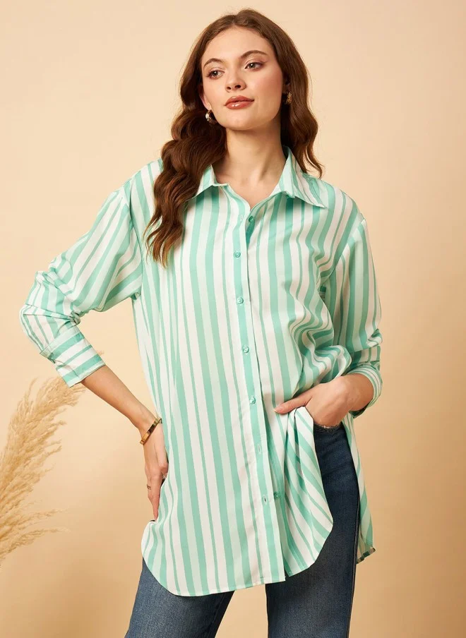 MINT STREET Mint Striped Oversized Longline Casual Shirt for Women