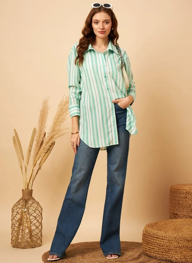 MINT STREET Mint Striped Oversized Longline Casual Shirt for Women
