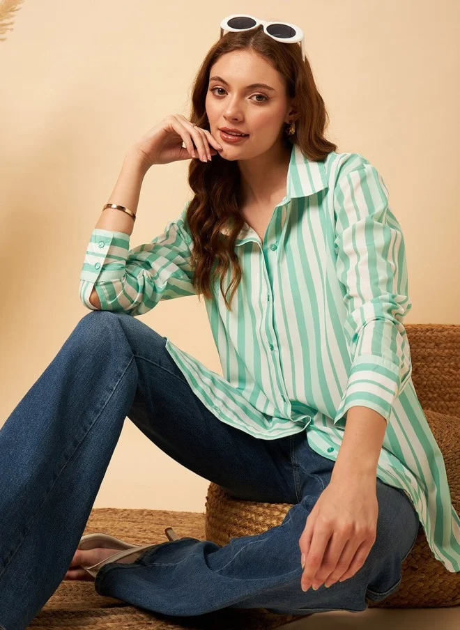 MINT STREET Mint Striped Oversized Longline Casual Shirt for Women