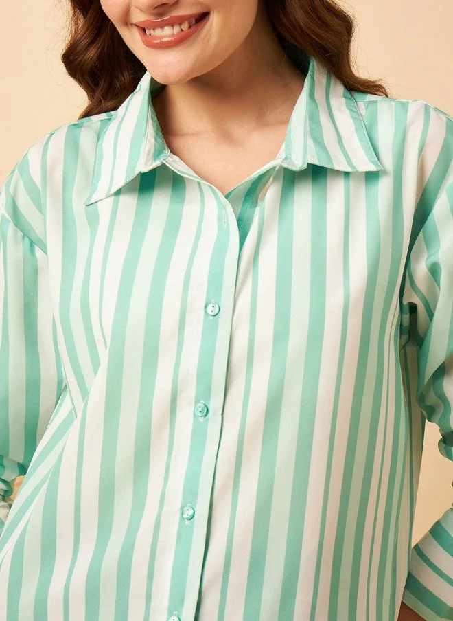 مينت ستريت قميص نسائي طويل فضفاض مخطط بالنعناع