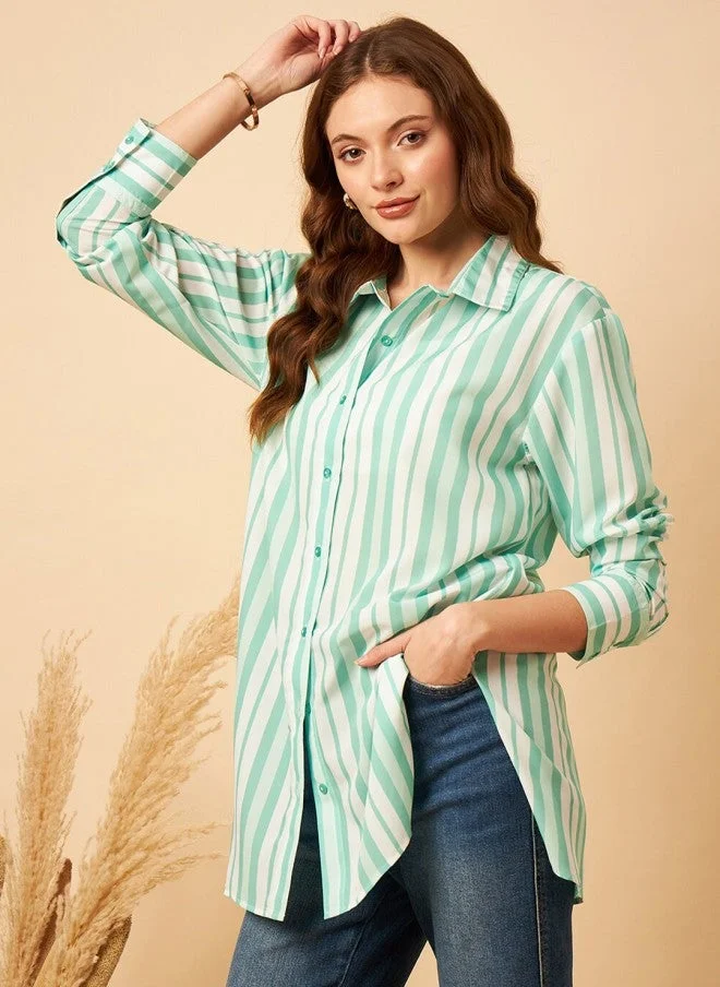 MINT STREET Mint Striped Oversized Longline Casual Shirt for Women