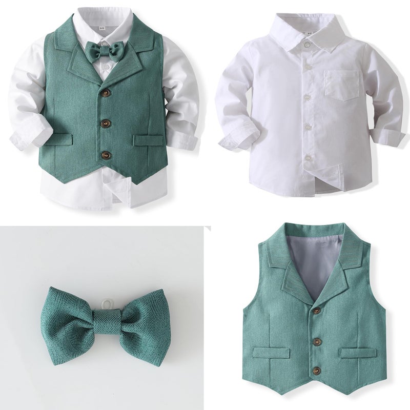 Kimocat Baby Boys Gentleman Bowtie Formal Outfit Suits Tuxedo Vest Wedding Party Suit (as1, Age, 24_Months, Green) - Image 3