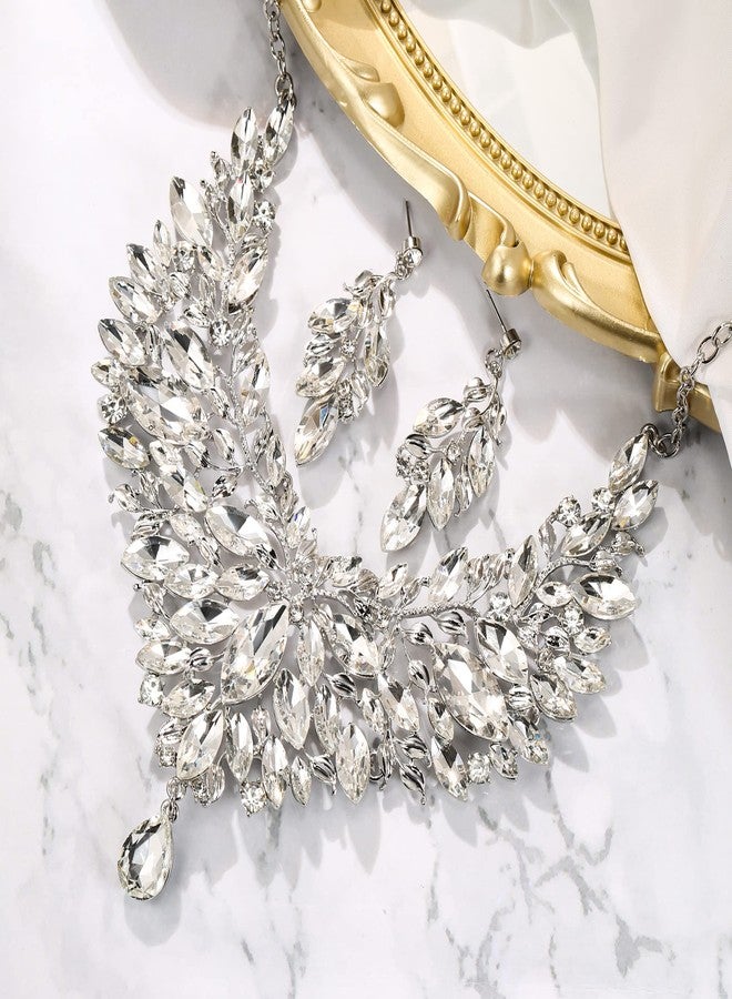 بريلوف طقم مجوهرات زفاف من بريلوف، يتألف من قلادة وأقراط متدلية مرصعة بأحجار الراين الكريستالية على شكل ماركيز، باللون الفضي الشفاف. - Image 3