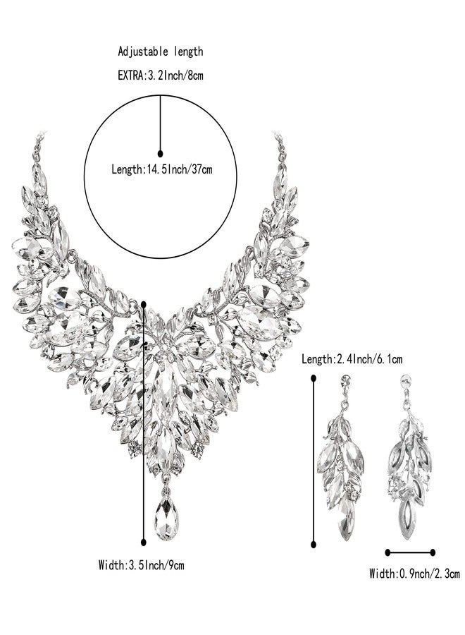 بريلوف طقم مجوهرات زفاف من بريلوف، يتألف من قلادة وأقراط متدلية مرصعة بأحجار الراين الكريستالية على شكل ماركيز، باللون الفضي الشفاف. - Image 4