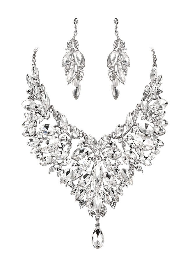 بريلوف طقم مجوهرات زفاف من بريلوف، يتألف من قلادة وأقراط متدلية مرصعة بأحجار الراين الكريستالية على شكل ماركيز، باللون الفضي الشفاف. - Image 1