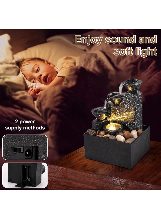 Tabletop Waterfall Meditation Desktop Fountain with Soft LED Lights | 3-Tier Flowing Water Ornament, USB/Battery Powered | Decorative Zen Landscape for Office, Bedroom & Living Room | Reduces Stress & Increases Humidity - Image 2
