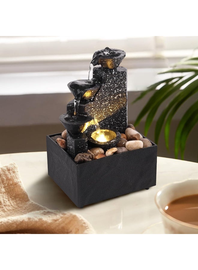 Tabletop Waterfall Meditation Desktop Fountain with Soft LED Lights | 3-Tier Flowing Water Ornament, USB/Battery Powered | Decorative Zen Landscape for Office, Bedroom & Living Room | Reduces Stress & Increases Humidity - Image 1