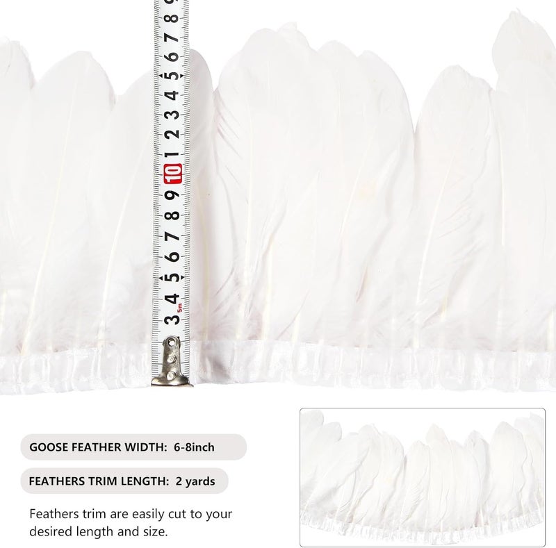 MAOFENG 2 Yards Natural Goose Feathers Trim Sewing Fringe Fashion Dress Sewing 6-8inch for DIY Handicrafts Costumes Decoration,White - Image 2