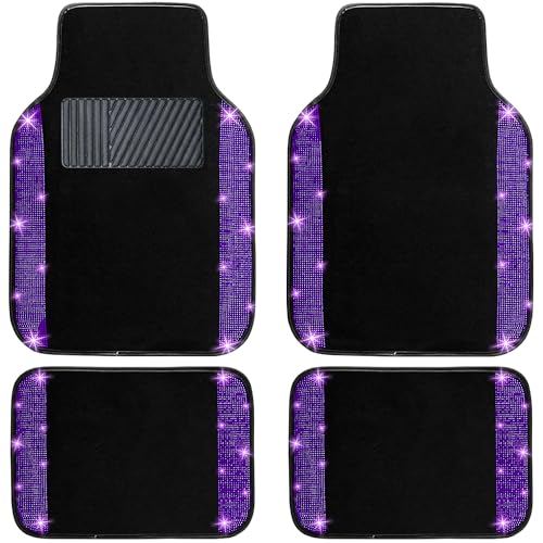 NBTEPEM Purple Violet Bling Car Floor Mats Full Set Universal Fit Most CarsSUV Trucks 4 pcs Sparkle Glitter Diamond Carpet for Women Girls with AntiSlip Pad Purple Violet Diamond - Image 1