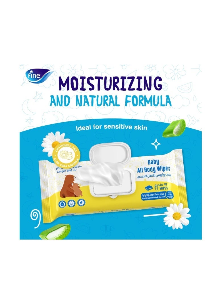 Fine Baby All Body Wipes Chamomile and Aloe Vera Essence, 72 sheets, Free from Alcohol - Image 2