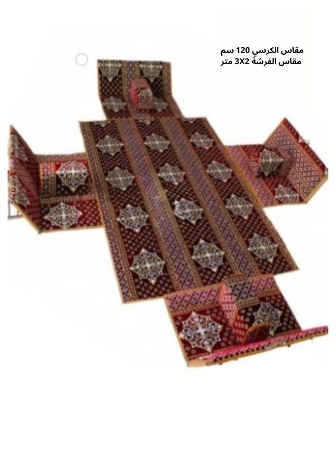 كادي ون مجموعة جلوس أرضية تراثية مكونة من 9 قطع مناسبة للسفر والرحلات البرية والحديقة , طقم فرشة تخييم ارضية مع اربع مراكى و 4 كراسي وبساط من القماش عالي الجودة يكفي ل 8 أشخاص - Image 2