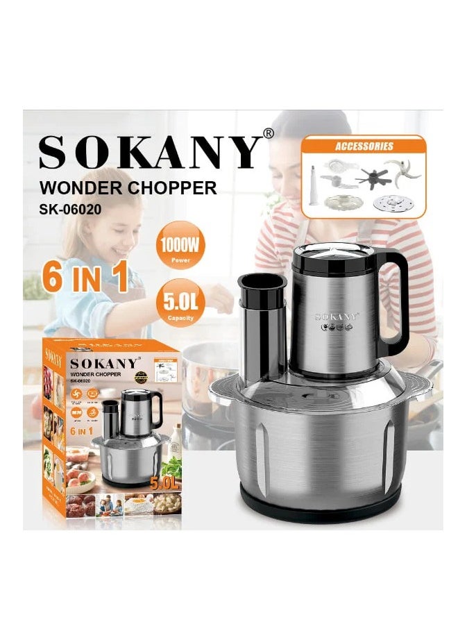 sokany - Sokany Stainless Steel Chopper, Mincer and Slicer, 5 Liter Capacity, 6*1, 1000 Watt, Multi-Purpose and Use, Stainless Steel Blades, Rust, Corrosion and Damage Resistant Bowl, Easy to Clean - SK-06020 - One Year Warranty - Image 1