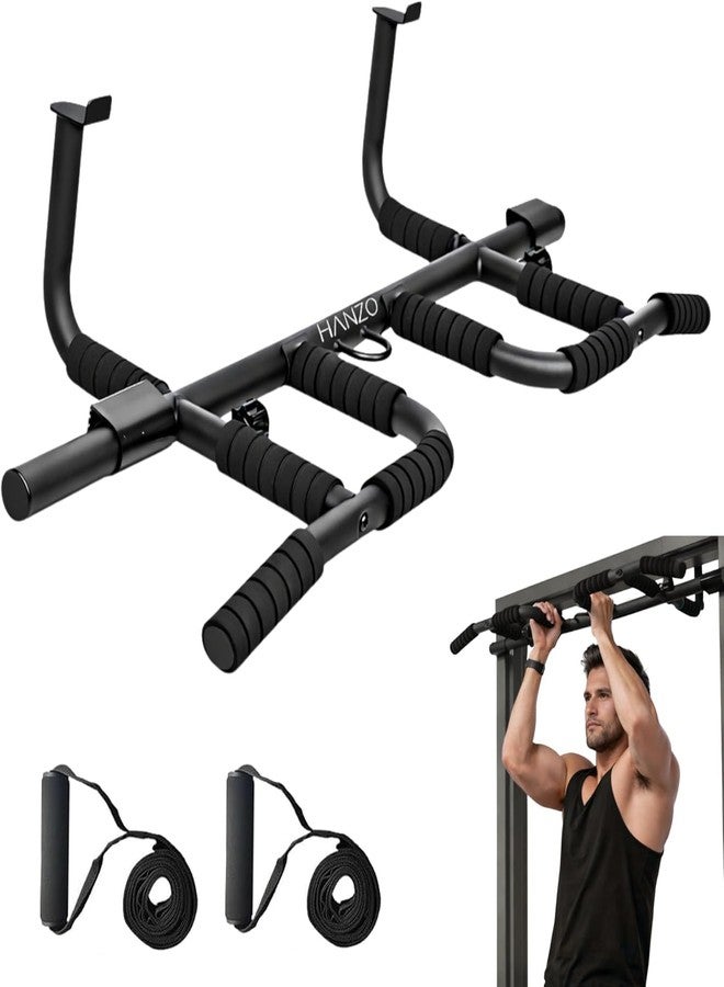 HANZO Doorway Pull Up Bar Set with Suspension Straps – Multi-Grip Chin Up Bar for Home Gym – No Screws, Strength Training Workout Bar, Door Gym Pullup Bar - Image 1