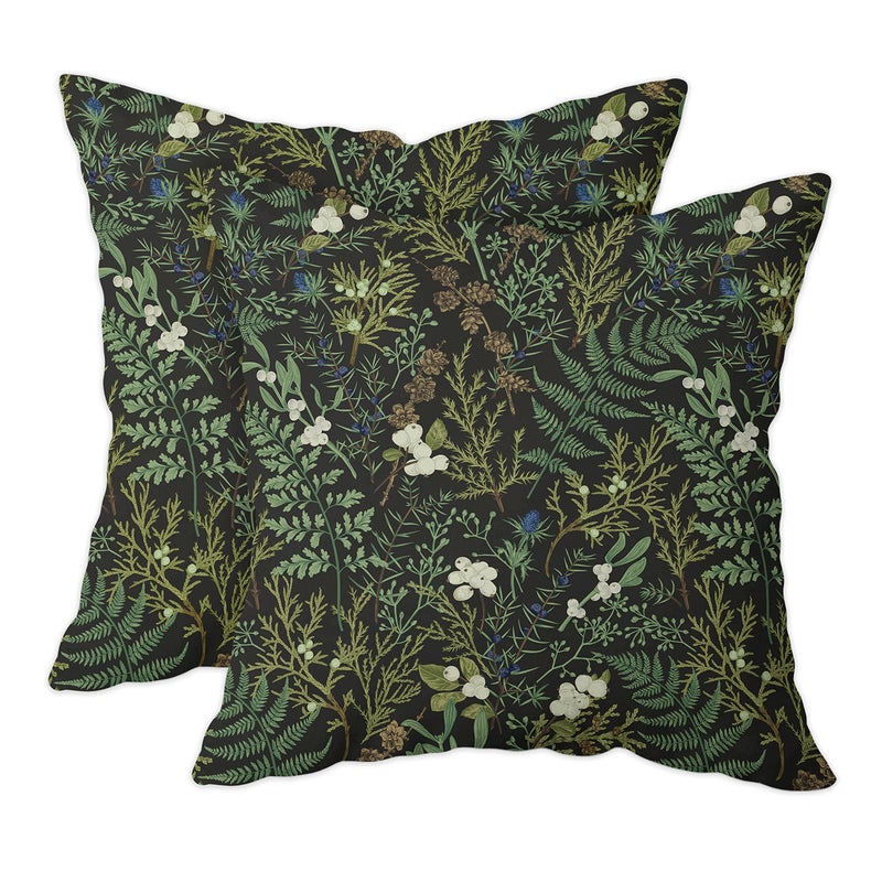 Green Plant Throw Pillow Covers 18x18 Inch Set of 2 Black Green Botanical Leaf Pillow Covers Vintage Floral Cushion Cover Farmhouse Waterproof Decor for Living Room Bedroom Sofa Patio Outdoor