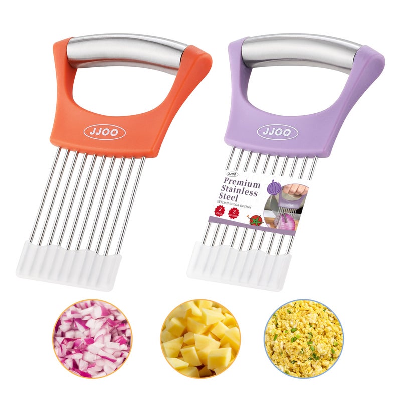2PCS Onion Slicer Holder JJOO Stainless Steel Onion Cutter for Slicing and Storage Onions Tomato Eggs and Vegetables Protective Cover Included Dishwasher Safe Stylish orange Purple Color