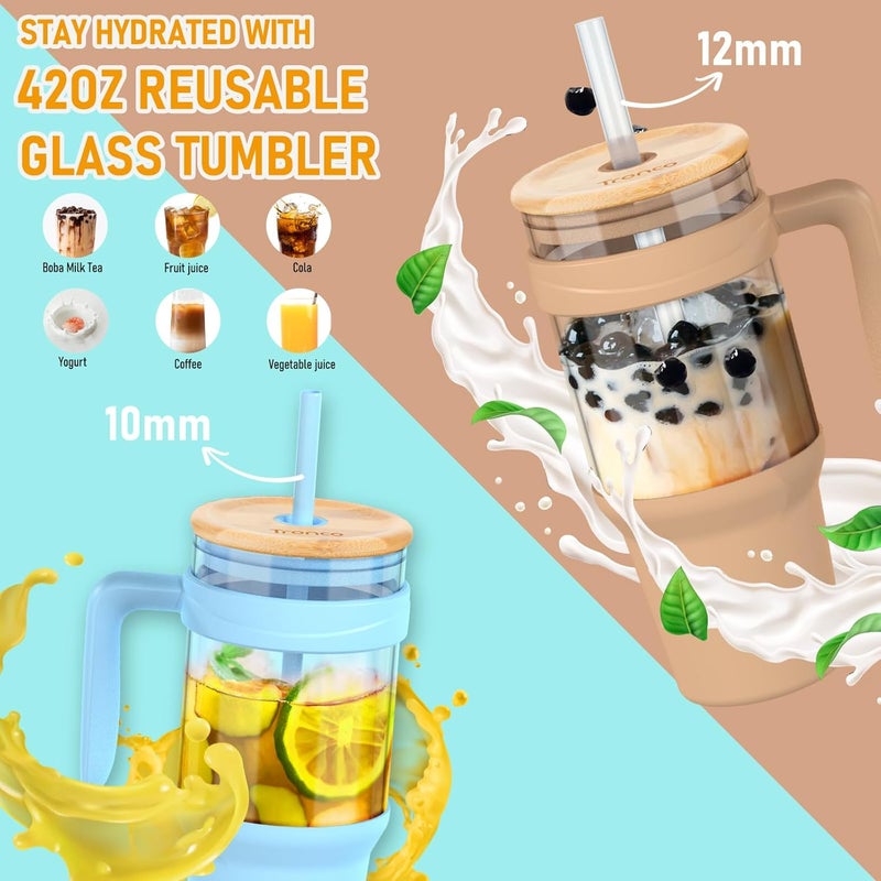 tronco 40oz Glass Tumbler with Handle, Glass Tumbler with Straw and Bamboo Lid, Glass Water Bottle Fits in Cup Holder, Iced Coffee Cup, Smoothie Cup, BPA Free, Dishwasher Safe (Mixed Purple) - Image 4