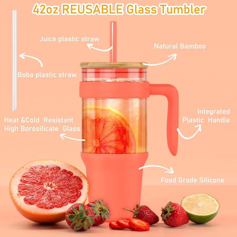 tronco 40oz Glass Tumbler with Handle, Glass Tumbler with Straw and Bamboo Lid, Glass Water Bottle Fits in Cup Holder, Iced Coffee Cup, Smoothie Cup, BPA Free, Dishwasher Safe (Mixed Purple) - Image 3