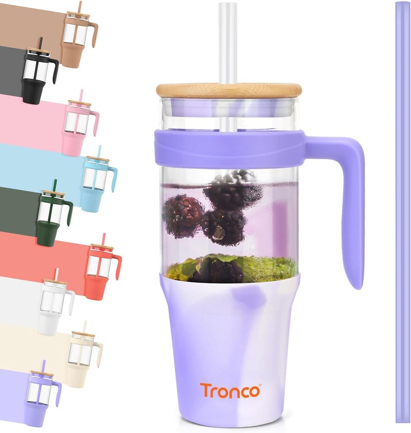tronco 40oz Glass Tumbler with Handle, Glass Tumbler with Straw and Bamboo Lid, Glass Water Bottle Fits in Cup Holder, Iced Coffee Cup, Smoothie Cup, BPA Free, Dishwasher Safe (Mixed Purple) - Image 1