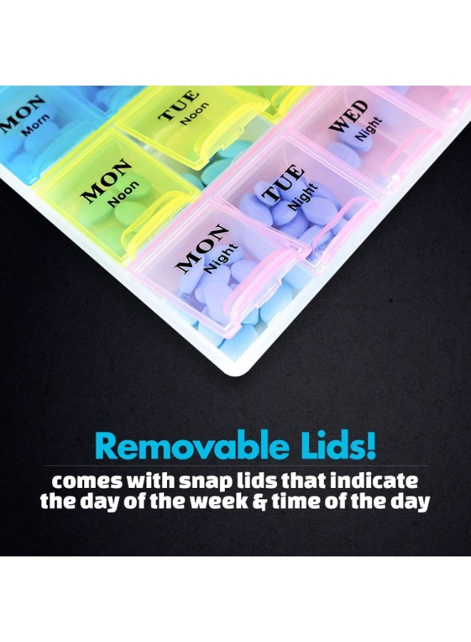 Large Weekly Pill Organizer 3 Times A Day (Morning, Noon, Night) - 21 Compartment Medicine Pill Container and Travel Pill Case | Moisture-Proof, 7 Day Portable Vitamin, Fish Oil, Supplement Dispenser with Easy-to-Read Bold Lettering & Detachable Covers. - Image 4