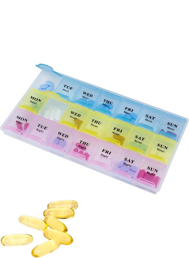 Large Weekly Pill Organizer 3 Times A Day (Morning, Noon, Night) - 21 Compartment Medicine Pill Container and Travel Pill Case | Moisture-Proof, 7 Day Portable Vitamin, Fish Oil, Supplement Dispenser with Easy-to-Read Bold Lettering & Detachable Covers. - Image 1