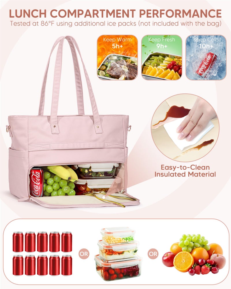 Marscamd Lunch Tote Bag with Insulated Compartment & 15.6" Laptop Sleeve, Womens 2-in-1 Waterproof Work Bag for Office with a Purse & Crossbody Strap, Pink - Image 4