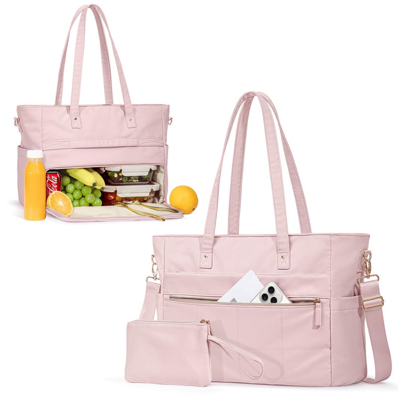 Marscamd Lunch Tote Bag with Insulated Compartment & 15.6" Laptop Sleeve, Womens 2-in-1 Waterproof Work Bag for Office with a Purse & Crossbody Strap, Pink - Image 1