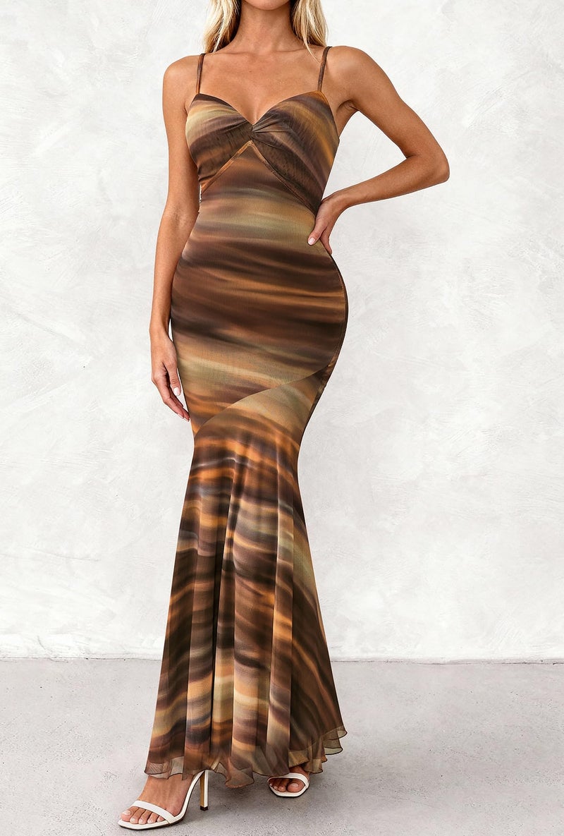 BTFBM Summer Dresses for Women 2026 Spaghetti Straps Sundress Twist Knot Mesh Mermaid Wedding Guest Dress Beach Vacation(Print Brown, Small) - Image 4