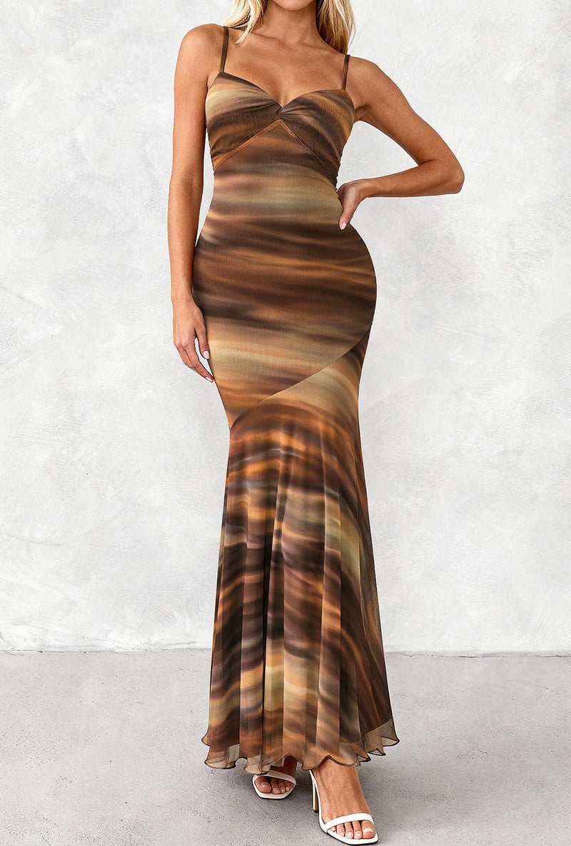 BTFBM Summer Dresses for Women 2026 Spaghetti Straps Sundress Twist Knot Mesh Mermaid Wedding Guest Dress Beach Vacation(Print Brown, Small) - Image 2