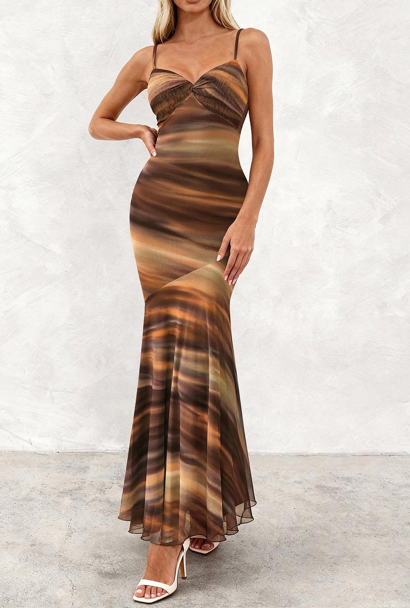 BTFBM Summer Dresses for Women 2026 Spaghetti Straps Sundress Twist Knot Mesh Mermaid Wedding Guest Dress Beach Vacation(Print Brown, Small) - Image 5