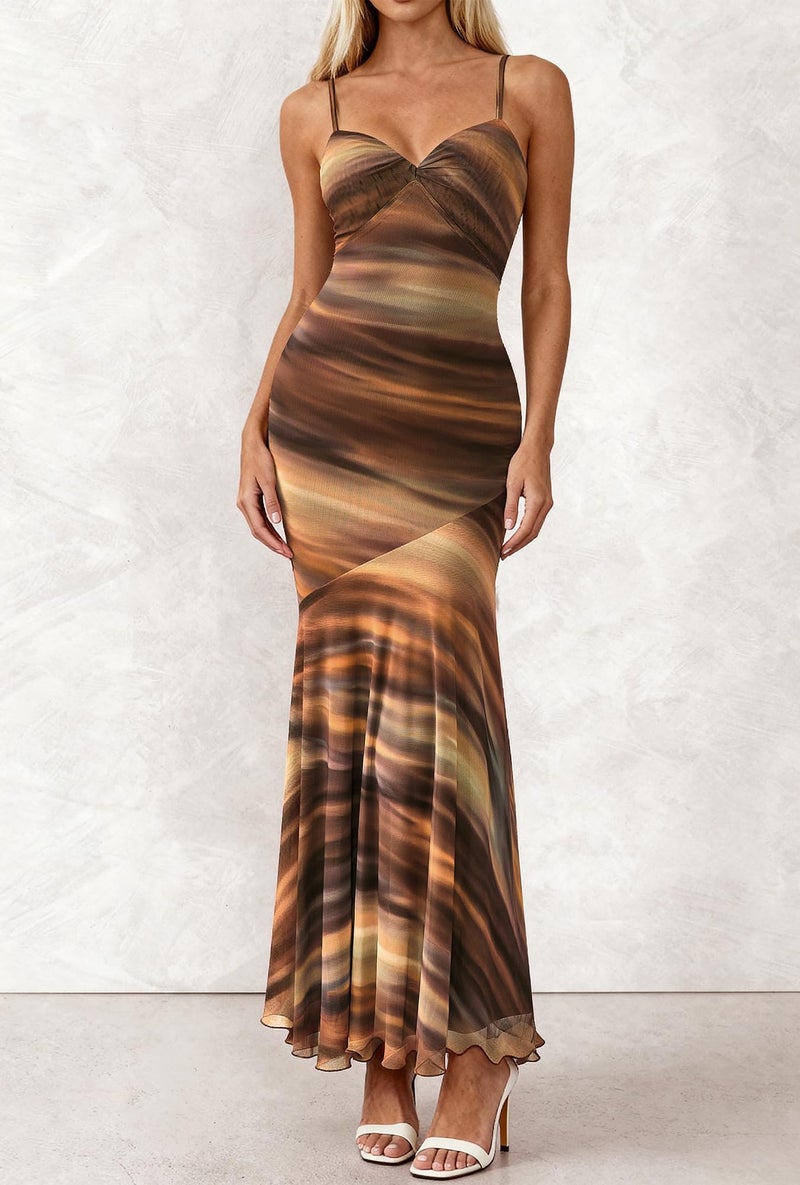 BTFBM Summer Dresses for Women 2026 Spaghetti Straps Sundress Twist Knot Mesh Mermaid Wedding Guest Dress Beach Vacation(Print Brown, Small) - Image 3
