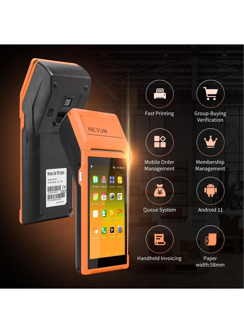 NETUM Handheld PDA Android POS Terminal Receipt Printer Barcode Printer, Data Collector, Portable Barcode Scanner Pos Machine, Handheld Bluetooth USB WiFi BT4.0, Orange(Included Paper Scroll 58 * 35)  - Image 2