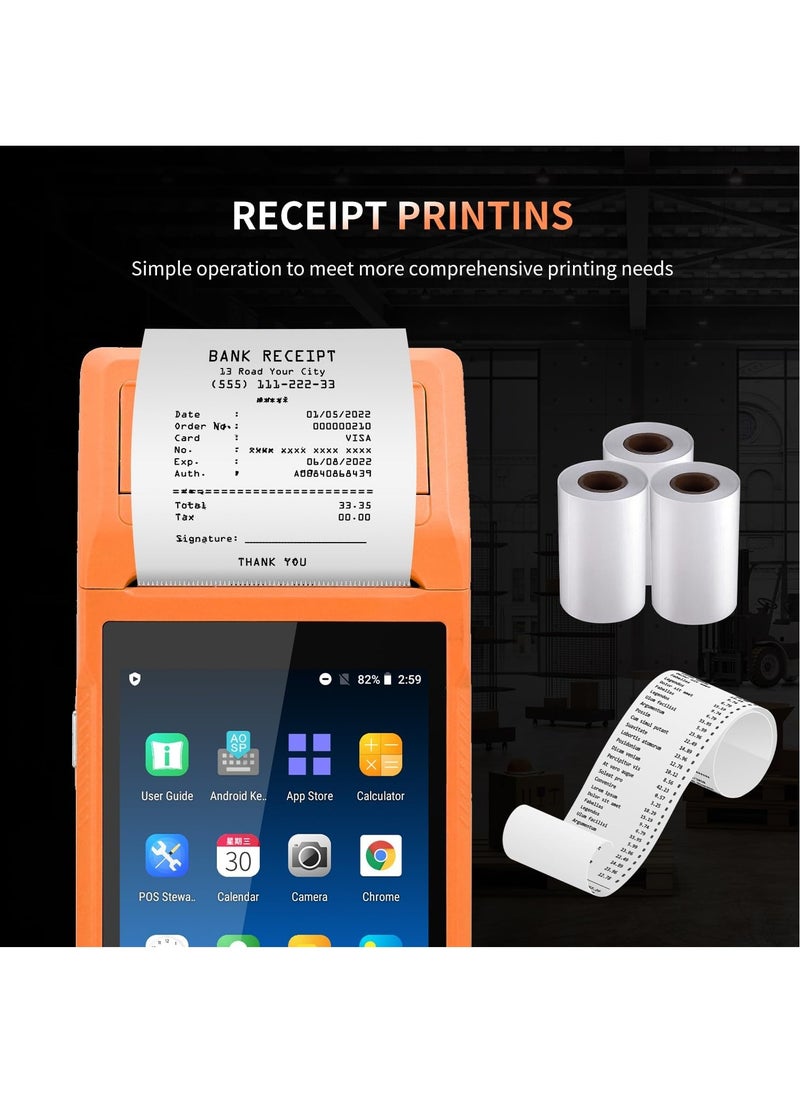 Handheld PDA Android POS Terminal Receipt Printer Barcode Printer, Data Collector, Portable Barcode Scanner Pos Machine, Handheld Bluetooth USB WiFi BT4.0, Orange(Included Paper Scroll 58 * 35)