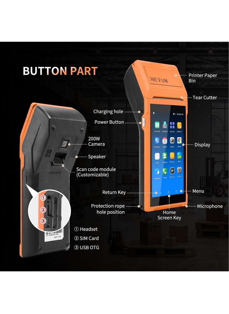 Handheld PDA Android POS Terminal Receipt Printer Barcode Printer, Data Collector, Portable Barcode Scanner Pos Machine, Handheld Bluetooth USB WiFi BT4.0, Orange(Included Paper Scroll 58 * 35)