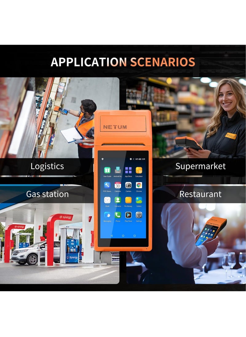 Handheld PDA Android POS Terminal Receipt Printer Barcode Printer, Data Collector, Portable Barcode Scanner Pos Machine, Handheld Bluetooth USB WiFi BT4.0, Orange(Included Paper Scroll 58 * 35)