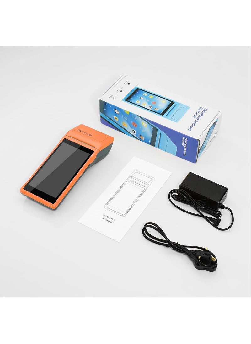 Handheld PDA Android POS Terminal Receipt Printer Barcode Printer, Data Collector, Portable Barcode Scanner Pos Machine, Handheld Bluetooth USB WiFi BT4.0, Orange(Included Paper Scroll 58 * 35)